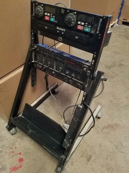 Rolling equipment rack with mixer and CD DJ player