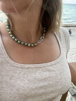 Green Freshwater Pearl Necklace 16” Hand-Knotted Rhodium Clasp