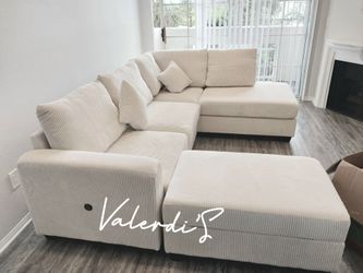 Sectional Sofa 106x76x35 Corduroy Fabric  /USB outlet /storage ottoman