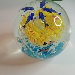Dolphin and Fish Sea Art Glass Aquarium Paperweight