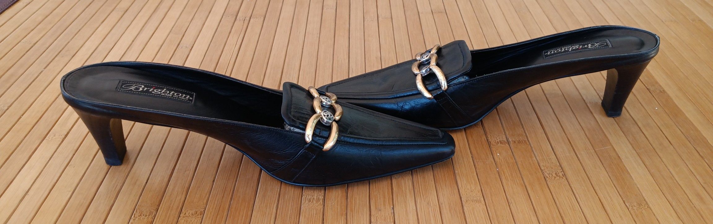 ❤️ BRIGHTON, Ladies Black Leather Slip On Heels! 🌼 Size: 10