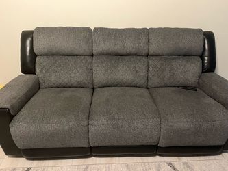 Gray Fabric and Dark Leather Reclining Sofa
