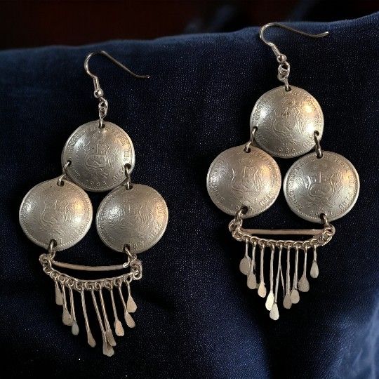 Handmade Peruvian Coin Dangle Earrings 1985,1986,1987