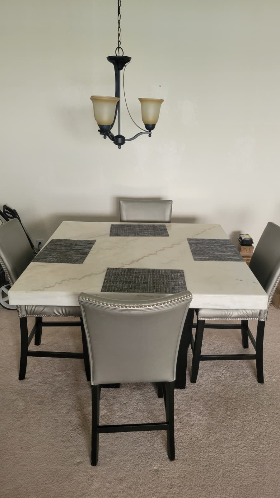 Artemis Counter Marble Dining Table and 4 Silver Leather  Stools