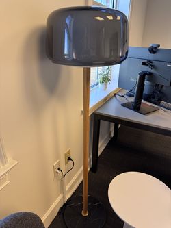 IKEA EVEDAL Floor Lamp – Smoked Glass, Solid Oak, Marble Base – 57 in – ($250 Retail Value)