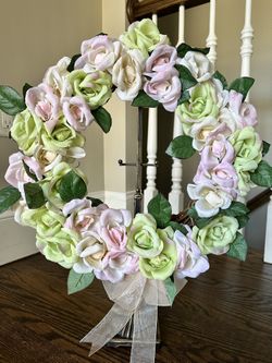 One 17 inch Artificial Rose Wreath with Light Pink and Light Green Roses