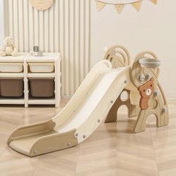 4-in-1 Toddler Slide with Basketball Hoop, Freestanding Plastic Play Slide for Kids Indoor and Outdoor Use Brown