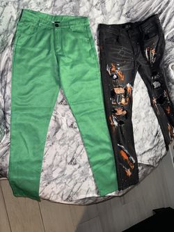 KDNK Black Distressed Jeans Orange White Splatter Sequin Patches