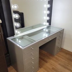 Super Deal Gourges Vanity Desk With 13 Drawers  Smooth Rails Diamond Knobs Tempered Glass Top  XL Mirror W/ LED Light Builbs Limited Quantity $899 + T