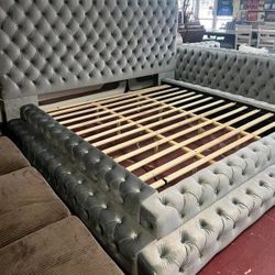 Gray step up platform Queen bed frame 