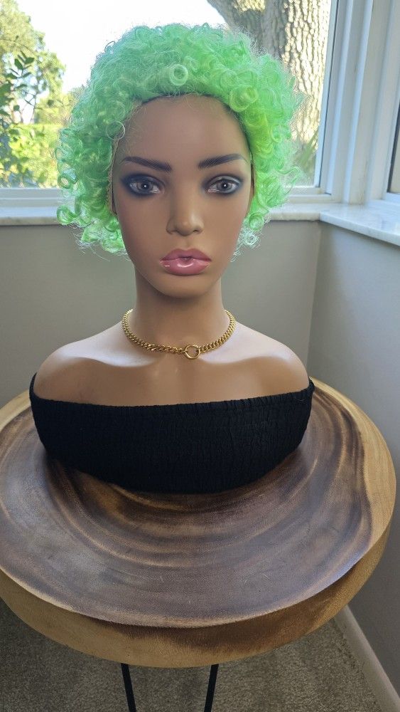 Funny green curly synthetic short wig