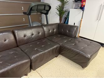 Modern Brown Leather Sectional Sofa + Matching End Table w/ Power Outlets