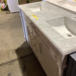 Home Decorators Collection Aberdeen 60 in. W x 22 in. D Double Bath Vanity in Dove Gray with Carrara Marble Top with White Sinks