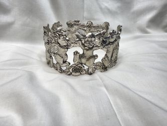 Vintage Pewter Metal Dancing Rabbit and Rose Candle Ring Crown