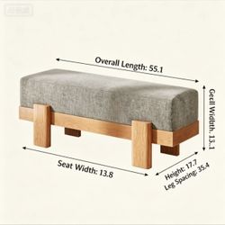 Wooden entry bench with a padded seat, country style, gray linen cushion