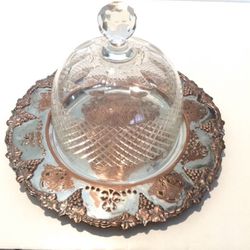 Antique Sheffield Reproduction Silver Plated Server 235 w/ Cut Crystal Cloche Dome