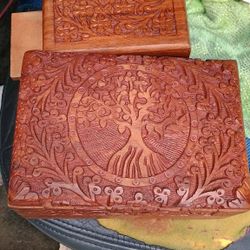 2 Hand Carved Wood Boxes Vintage