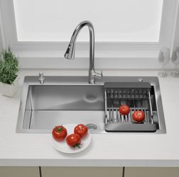 32x18 Inch Kitchen Sink with Faucet Combo Set,8"Deep Single Bowl Stainless Steel Kitchen Sink,Drop In/Topmount/Accessories