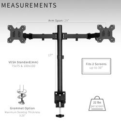 VIVO Dual Monitor Desk Mount, Heavy Duty Fully Adjustable Steel Stand, Holds 2 Computer Screens up to 30 inches and Max 22lbs Each, Black, STAND-V002