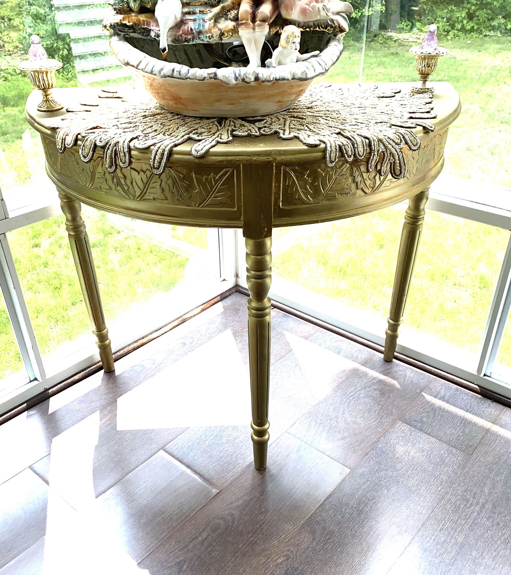 Italian Neo Classical Style Demi Lune Console Table Golden Color 34” Wide 19” Deep 30” High