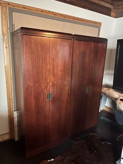 Wood bedroom closet wardrobe 2-door w/mirrors and shelves & hanging compartment 30”w x19”x 73” $250 each