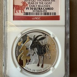 2015 1oz NGC PF70 ULTRA CAMEO GILT YEAR OF THE GOAT SILVER COIN