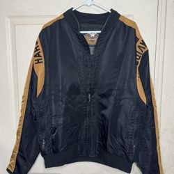 Harley Davidson Men’s Racing Jacket Black Bar Shield Orange Nylon Bomber Zip LARGE