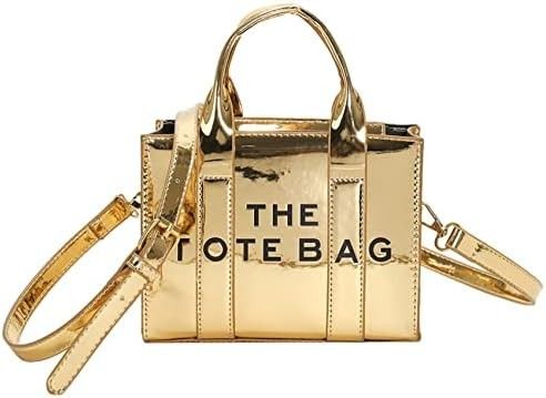 Womens Mini Tote Bag Purse With Shoulder Strap Chrome Gold Reflective PU
