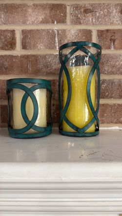 Set Of 2 Candle Holders Teal Metal