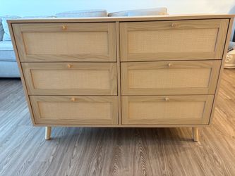 6-Drawer Rattan Dresser Natural Wood