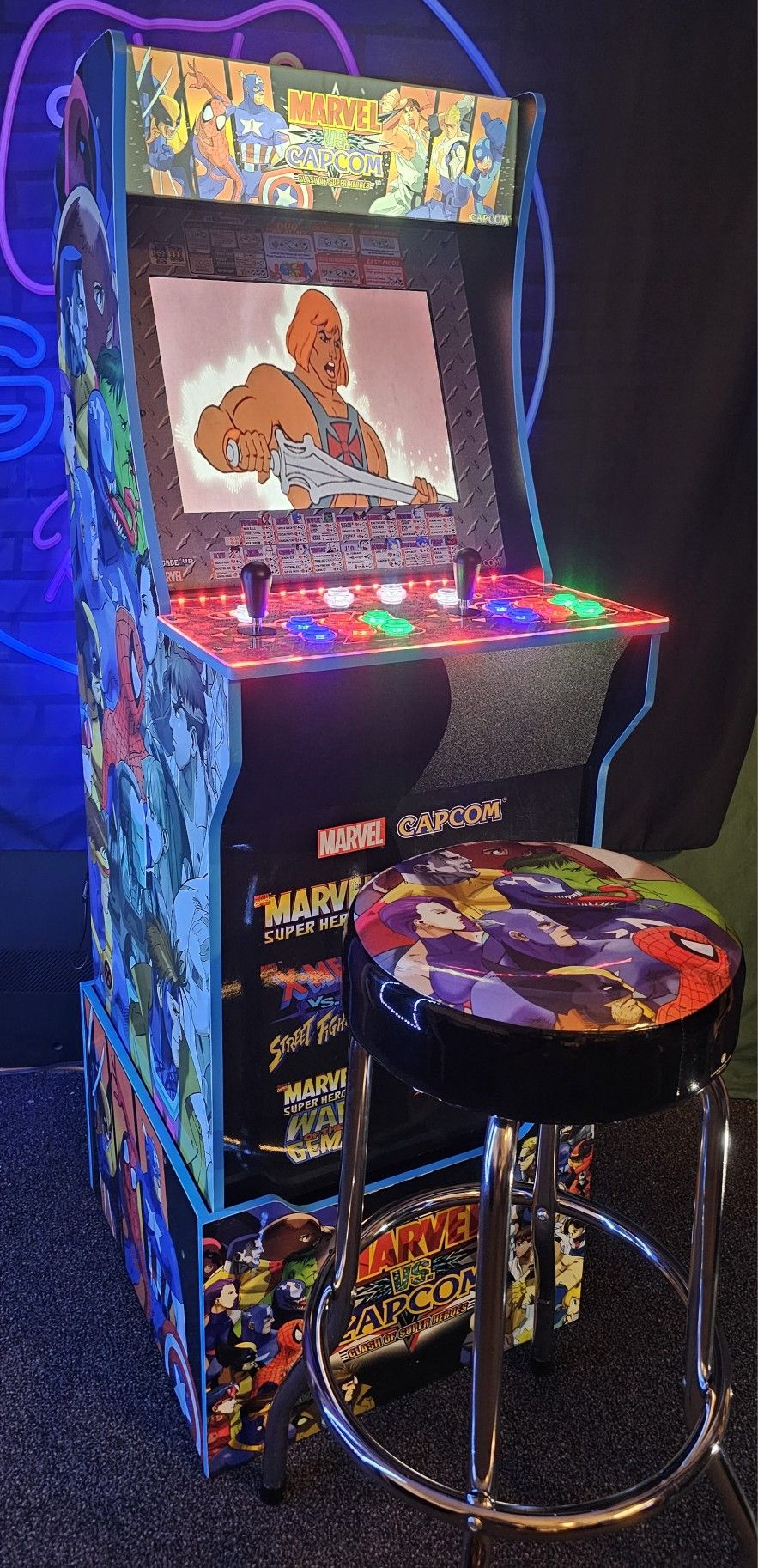 Retro Marvel Vs Capcom Arcade1up Cabinet With Over 15,000 Video Games and Matching Stool