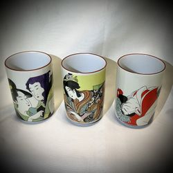 Vintage Japanese Shunga Style Porcelain Tea Cups - Set of 3 Exotic Art