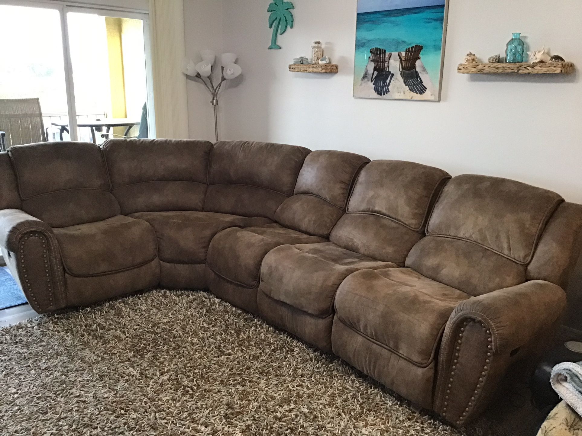 5 piece Sectional Microfiber Brown Couch~3 Reclining seats~NO RIPS, TEARS, STAINS OR DISCOLORATION 