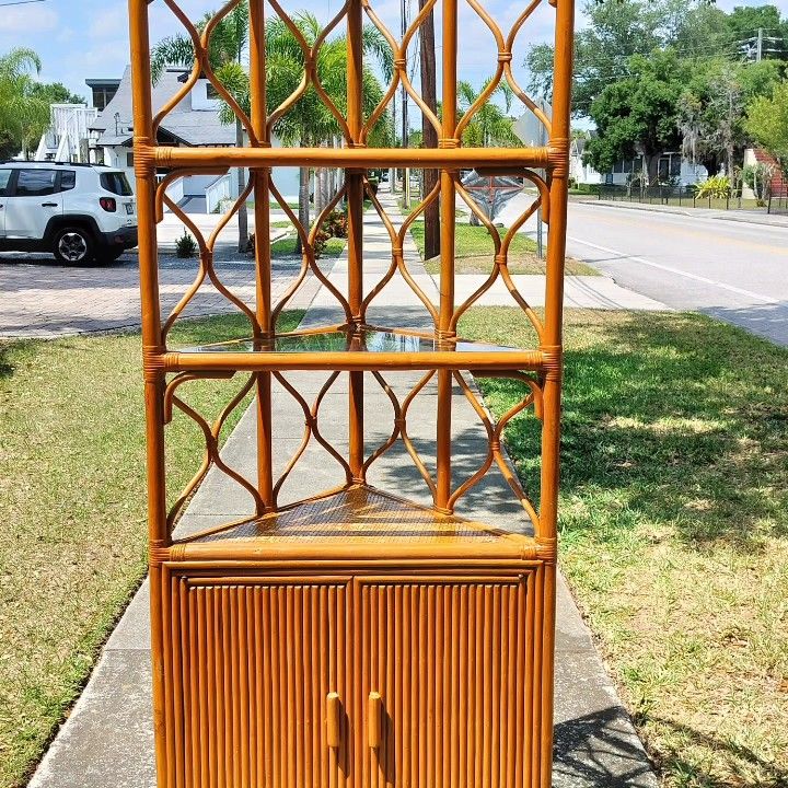 Vintage Pencil Reed Rattan Corner Shelf Cabinet