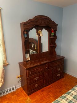 Vintage Dark Wood Dresser with Detachable Lighted Mirror Hutch