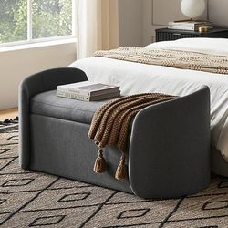 Sophie 51" Ottoman Storage Bench, Entryway and Window Seating, End of Bed Curved Stool for King & Queen Bed, Storage Chest for Bedroom (Dark Gray Fabr