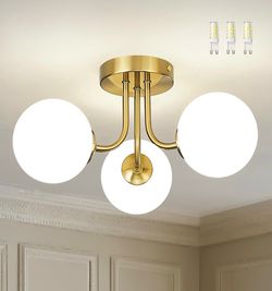 -Globe Gold Semi Flush Mount Ceiling Light in a Modern Farmhouse Design is Ideal for Living Rooms, Bedrooms, or Dining Rooms. Model:CKCL4845-3W-PG.(Bu