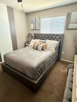 Full size tufted gray bed frame