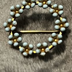 Art Nouveau Antique Gold Pin . Blue Enamel Flowers 14kt Gold 