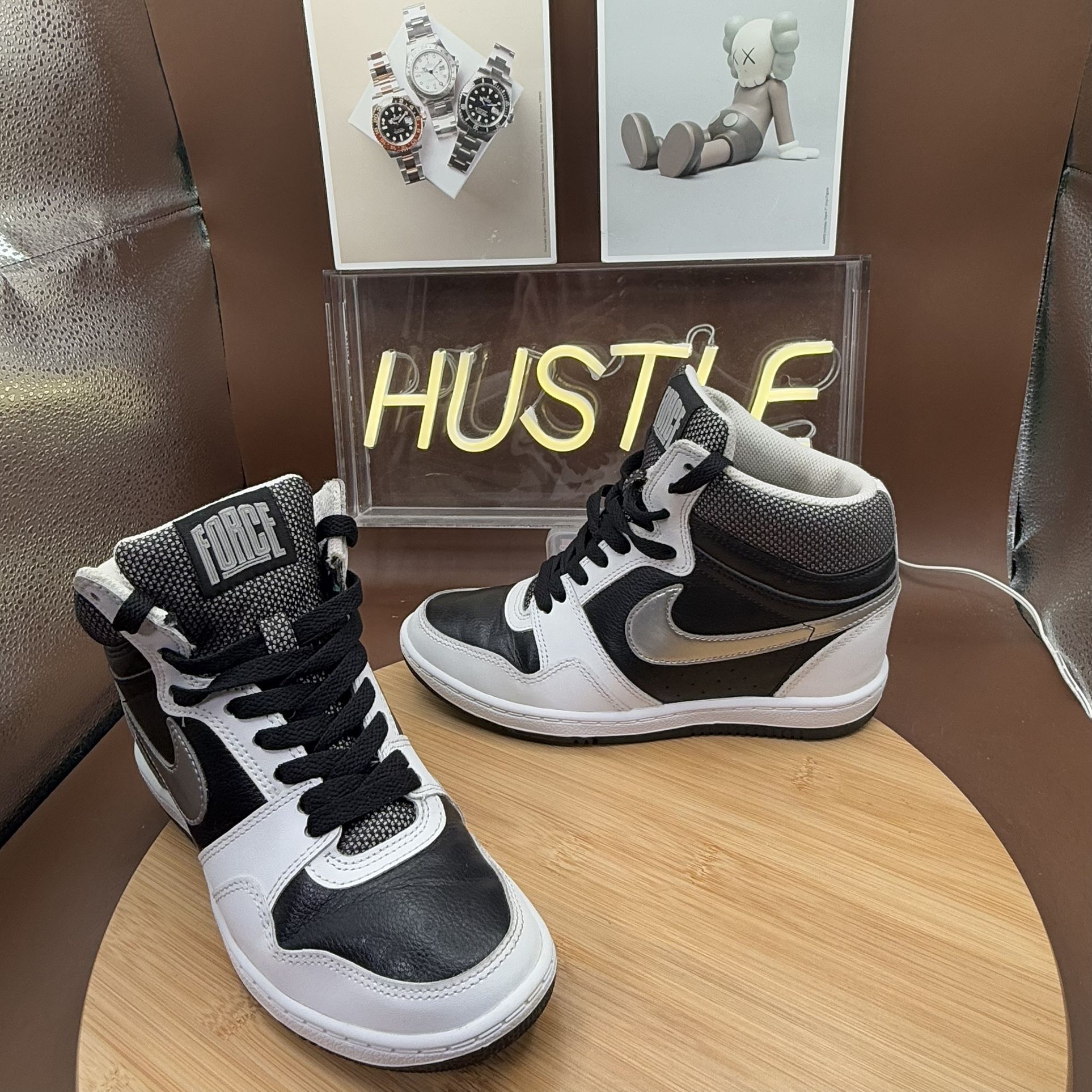 Nike Force Sky High Black Metallic Silver White Hidden Wedge Sz 6.5 (629746 012)