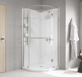 🆕 Glamour 38 in. x 76.40 in. Corner Drain Corner Shower Kit in White and Satin Nickel