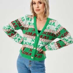 Women's Christmas Cardigan Sweater Open Front Button Up Xmas Knit Sweater
