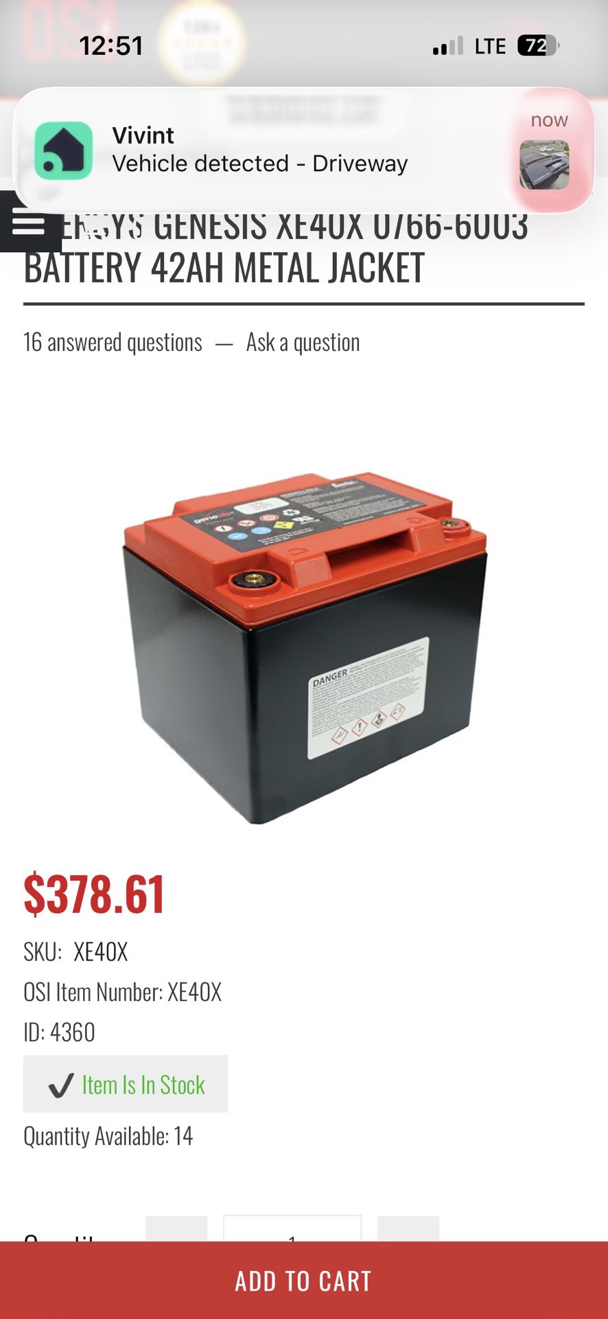 ENERSYS GENESIS XE40X 0(contact info removed) BATTERY 42AH METAL JACKET