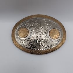 Vintage Western Trophy Belt Buckle - 1905 Indian Head Penny Coin Engraved Scroll