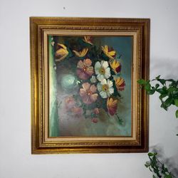 Antique Oil Painting Floral Art with Gold Ornate French Frame
