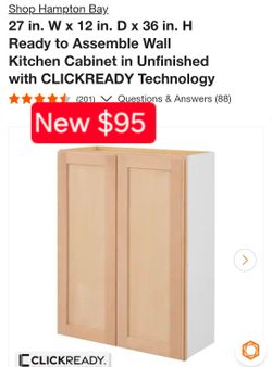 ✨️ Hampton Bay 27 in. W x 12 in. D x 36 in. H Ready to Assemble Wall Kitchen Cabinet in Unfinished with CLICKREADY Technology #0239