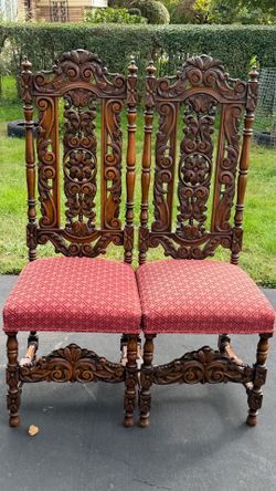 Antique Jacobean Revival Carved Oak Side Chairs