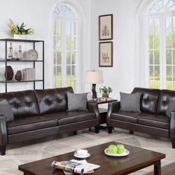 Brand New Brown Leather Modern Style Sofa & Loveseat 