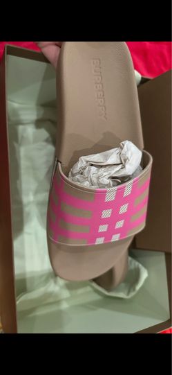 Burberry Women’s Slide Sandals Beige/Pink Check Logo Slip-On Rubber 8.5 NIB