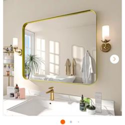 40 in. W x 32 in. H Rectangular Aluminum Framed Wall Bathroom Vanity Mirror in Gold